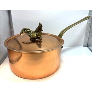 Copper Sauté Pot 7.5 In 3 QT Brass Handle Rooster Chicken